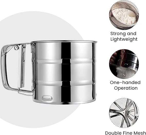 Flour Sifter, Stainless Steel Sifter for Baking, Double Layer Fine Mesh Baking Sifter, One Hand Press Crank Sifter for Powdered Sugar Shaker Duster, Flour Sieve Sifter for Baking Cakes Rondauno