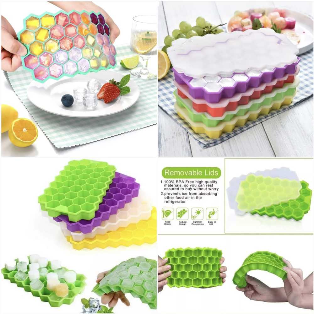 Honey Cube Honeycomb Tray 37 Silicone Cubes Ice Cube Making Mold with Lids